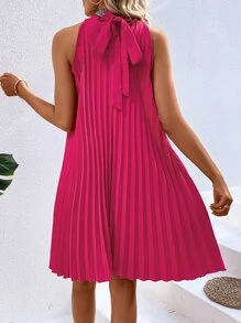 SHEIN VCAY Contrast Sequin Pleated Halter Neck Tunic Dress - Hot Pink - View 4