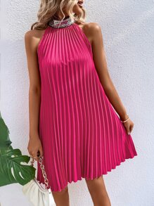 SHEIN VCAY Contrast Sequin Pleated Halter Neck Tunic Dress - Hot Pink - View 1