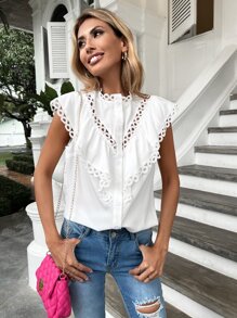 SHEIN LUNE 水溶蕾絲拼接荷葉邊前紐扣襯衫 - 白色 - 查看 4