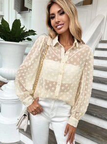 SHEIN Privé Button Front Sheer Shirt - Apricot - View 1
