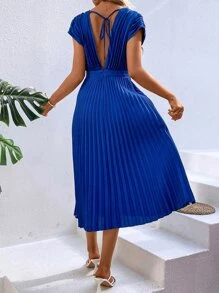 SHEIN VCAY Pleated Hem A-line Dress - Blue - View 3