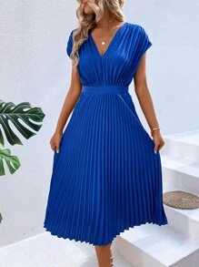 SHEIN VCAY Pleated Hem A-line Dress - Blue - View 4