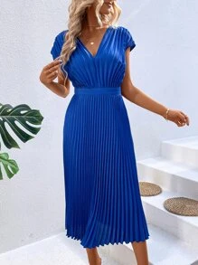 SHEIN VCAY Pleated Hem A-line Dress - Blue - View 5