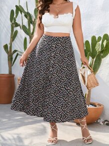 Breezaya Plus Ditsy Floral Print Button Front Skirt - Multicolor - View 1