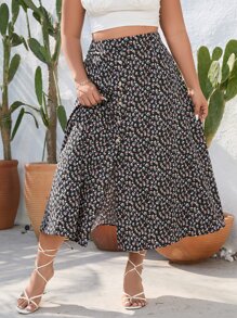Breezaya Plus Ditsy Floral Print Button Front Skirt - Multicolor - View 5