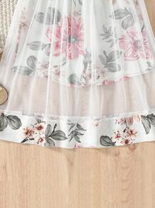 SHEIN 少女花卉印花露肩荷葉邊衬托網紗下擺連身褲 - 白色 - 查看 5