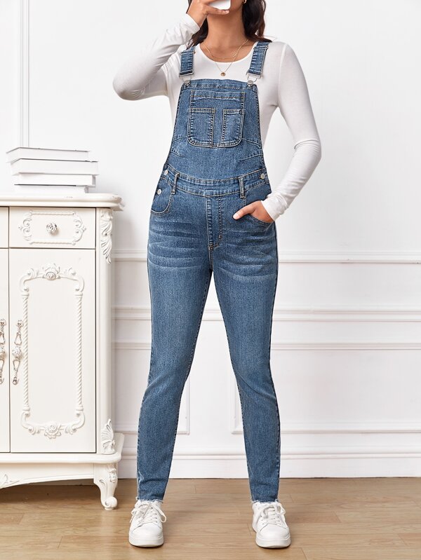 SHEIN Maternity Patched Pocket Denim Overalls Without Tee SHEIN USA