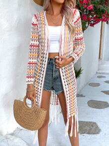 SHEIN VCAY Striped Fringe Hem Hollow Out Knit Cardigan - Multicolor - View 5