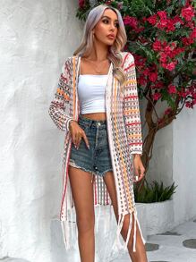 SHEIN VCAY Striped Fringe Hem Hollow Out Knit Cardigan - Multicolor - View 6