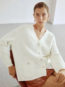 MOTF PREMIUM RELAXED PEARL BUTTON CARDIGAN - Beige - View 2