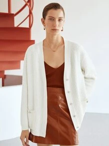 MOTF PREMIUM RELAXED PEARL BUTTON CARDIGAN - Beige - View 4