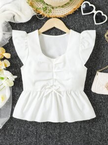 Chicas Blusa peplum ribete con fruncido fruncido delantero - Blanco - Ver 1