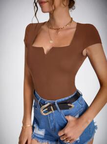 SHEIN Tall 素色缺口領T恤 - 咖啡棕 - 查看 3