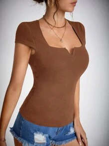 SHEIN Tall 素色缺口領T恤 - 咖啡棕 - 查看 6