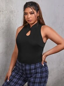 SHEIN EZwear Plus Keyhole Neckline Tank Top - Black - View 5