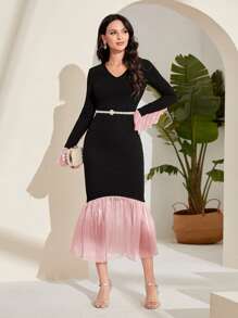 Modelyn Two Tone Flounce Sleeve Ruffle Hem Belted Dress - Black - View 1