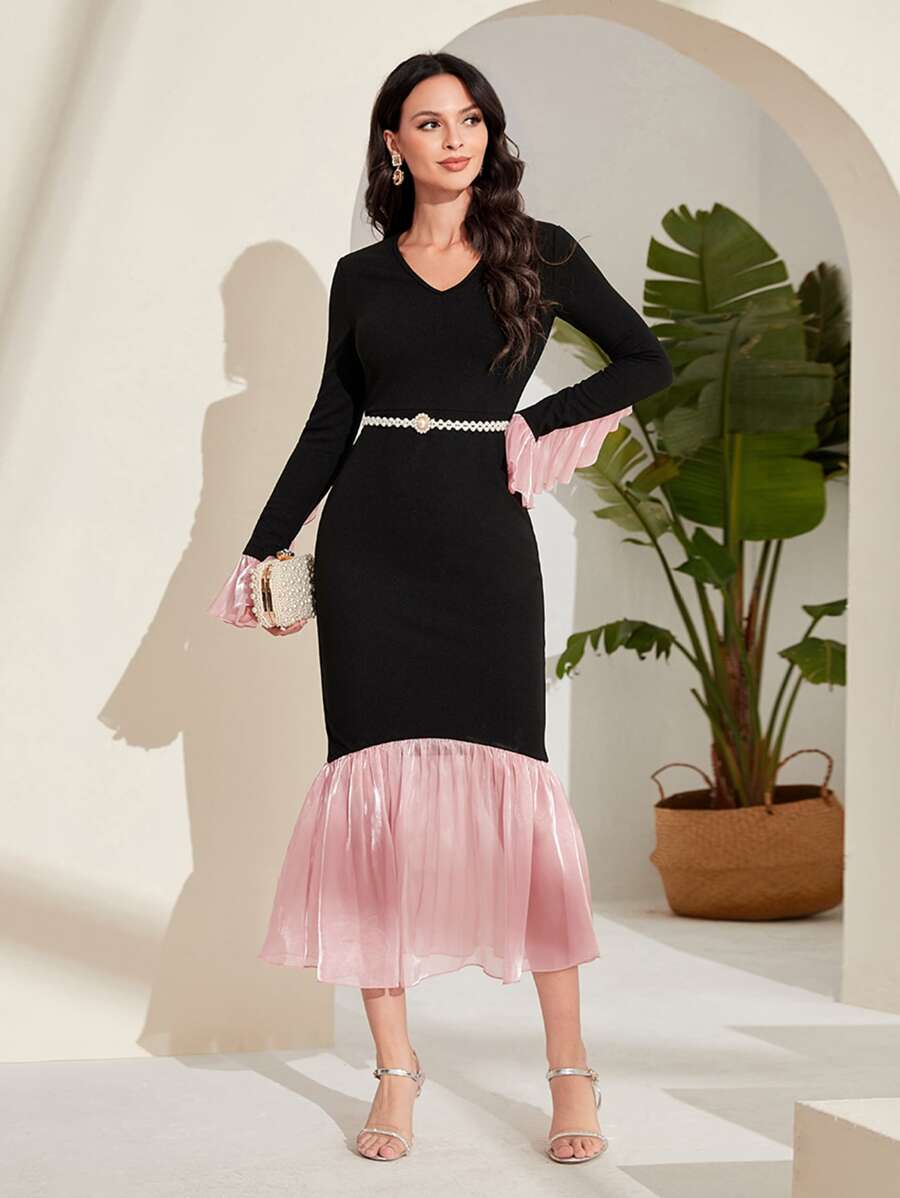 Modelyn Two Tone Flounce Sleeve Ruffle Hem Belted Dress - Black - View 1