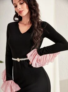 Modelyn Two Tone Flounce Sleeve Ruffle Hem Belted Dress - Black - View 5