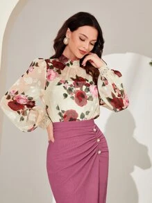 Modelyn Floral Print Mock Neck Lantern Sleeve Blouse - Multicolor - View 3