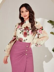 Modelyn Floral Print Mock Neck Lantern Sleeve Blouse - Multicolor - View 5