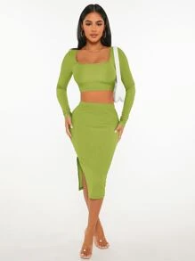 SHEIN PETITE Square Neck Crop Tee & Split Hem Skirt - Olive Green - View 5