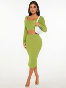 SHEIN PETITE Square Neck Crop Tee & Split Hem Skirt - Olive Green - View 4