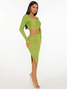 SHEIN PETITE Square Neck Crop Tee & Split Hem Skirt - Olive Green - View 3