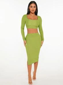 SHEIN PETITE Square Neck Crop Tee & Split Hem Skirt - Olive Green - View 6