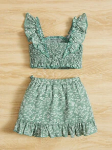 SHEIN Top Con Ribete De Volantes Y Falda Con Borde De Volantes Con Estampado Floral Pequeño Para Bebé Niña - Verde - Ver 2