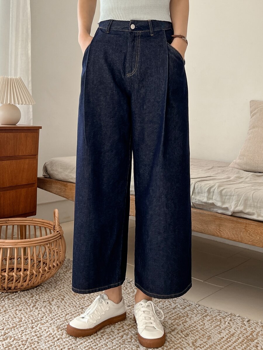 DAZY 高腰闊腿牛仔褲 - 中等水洗藍 - 查看 1