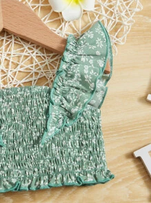 SHEIN Top Con Ribete De Volantes Y Falda Con Borde De Volantes Con Estampado Floral Pequeño Para Bebé Niña - Verde - Ver 4