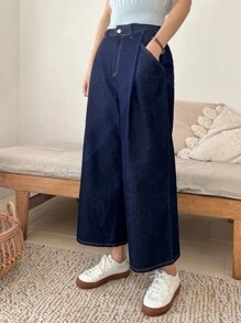 DAZY 高腰闊腿牛仔褲 - 中等水洗藍 - 查看 7