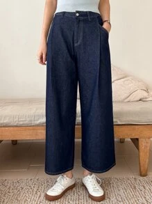 DAZY 高腰闊腿牛仔褲 - 中等水洗藍 - 查看 9