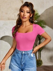 SHEIN PETITE 方領修身T恤 - 粉色 - 查看 1
