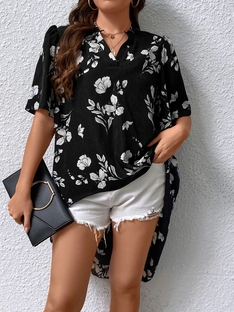 SHEIN LUNE Plus Floral Print Notched Neckline High Low Hem Blouse - Black - View 1