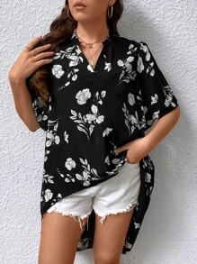 SHEIN LUNE Plus Floral Print Notched Neckline High Low Hem Blouse - Black - View 4