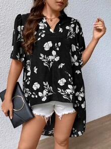 SHEIN LUNE Plus Floral Print Notched Neckline High Low Hem Blouse - Black - View 7