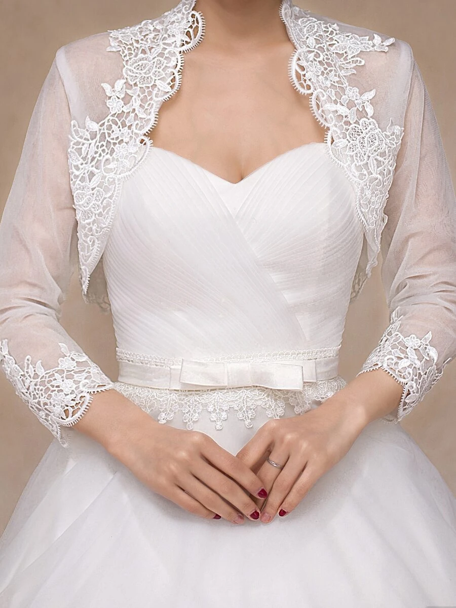 花朵蕾丝装饰婚礼夹克女士秋季服装 - 白色 - 查看 1
