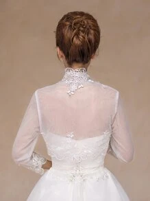 花朵蕾丝装饰婚礼夹克女士秋季服装 - 白色 - 查看 2