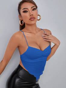 SHEIN PETITE 後綁帶不對稱下擺吊帶上衣 - 藍色 - 查看 3