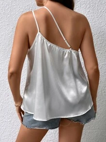 SHEIN Privé Plus One Shoulder Draped Front Satin Top - White - View 2