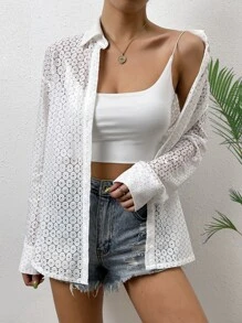 SHEIN Essnce Hollow Out Button Front Shirt Without Bra - White - View 3