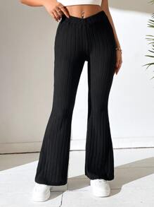 SHEIN PETITE 素色喇叭褲 - 黑色 - 查看 1