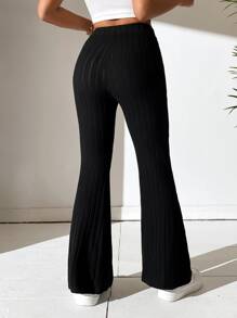 SHEIN PETITE 素色喇叭褲 - 黑色 - 查看 2