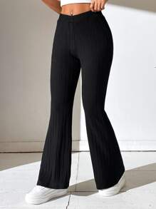 SHEIN PETITE 素色喇叭褲 - 黑色 - 查看 3