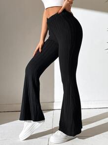 SHEIN PETITE 素色喇叭褲 - 黑色 - 查看 4