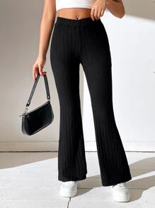 SHEIN PETITE 素色喇叭褲 - 黑色 - 查看 5