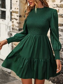 SHEIN Clasi Frill Neck Shirred Lantern Sleeve Ruffle Hem Dress - Dark Green - View 3