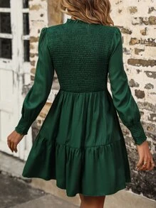 SHEIN Clasi Frill Neck Shirred Lantern Sleeve Ruffle Hem Dress - Dark Green - View 4