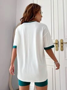 SHEIN Unity Letter Graphic Contrast Trim Drop Shoulder Tee - White - View 2
